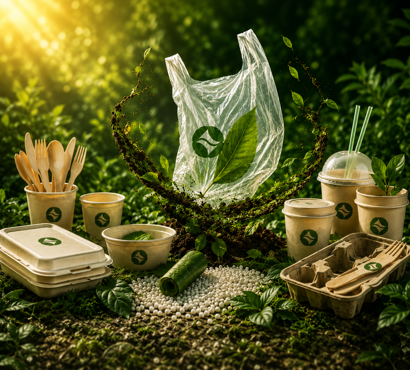 ETG Eco Green product family — bags, cups, plates, bowls and containers