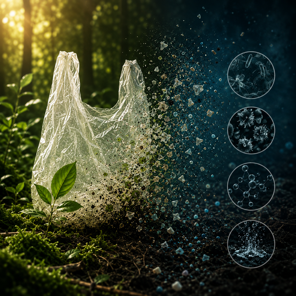 Biodegradable plastic breaking down into microscopic particles in soil and water
