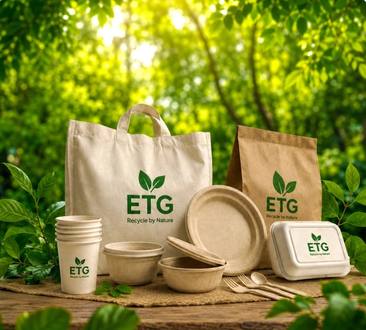 ETG Eco Green product family — bags, cups, plates, bowls and containers